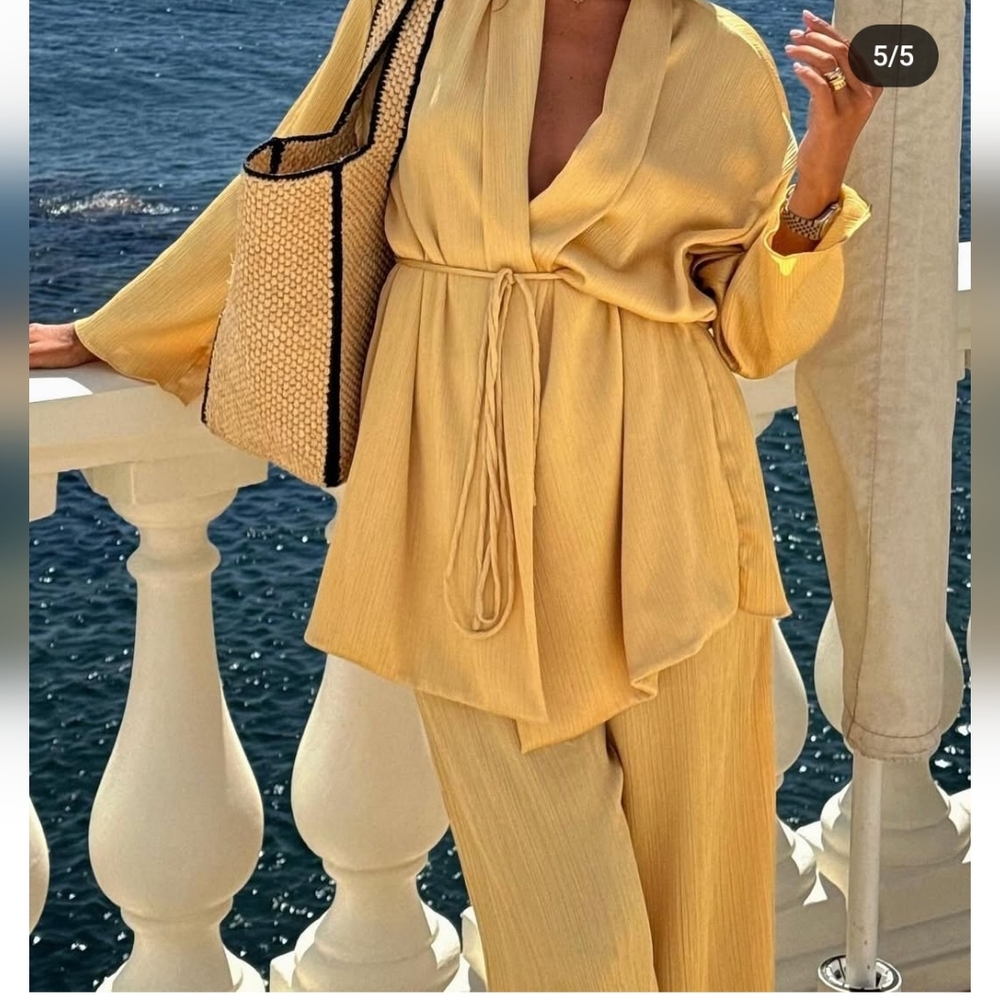 Zara 2 pieces set belted pleated kimono and pleated wide leg pants yellow NWT - Picture 5 of 16